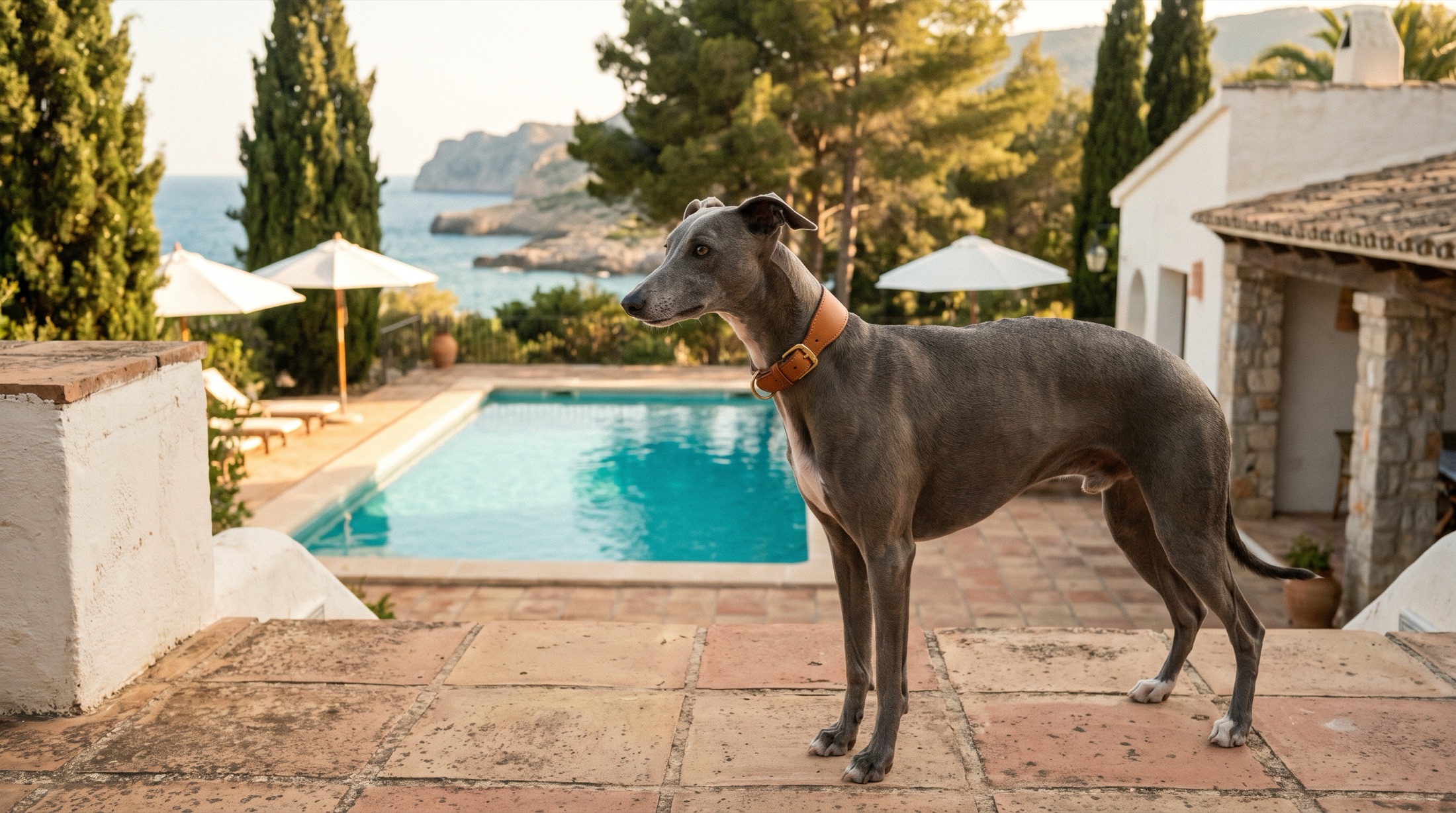 Whippet con collar de cuero coñac junto a la piscina de una villa mediterránea