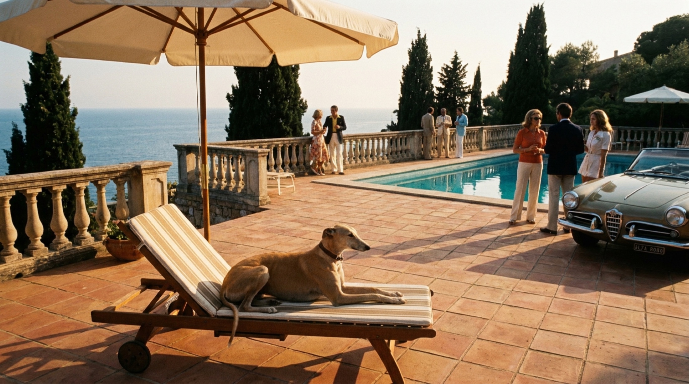 Galgo tumbado junto a la piscina de una villa mediterránea al atardecer