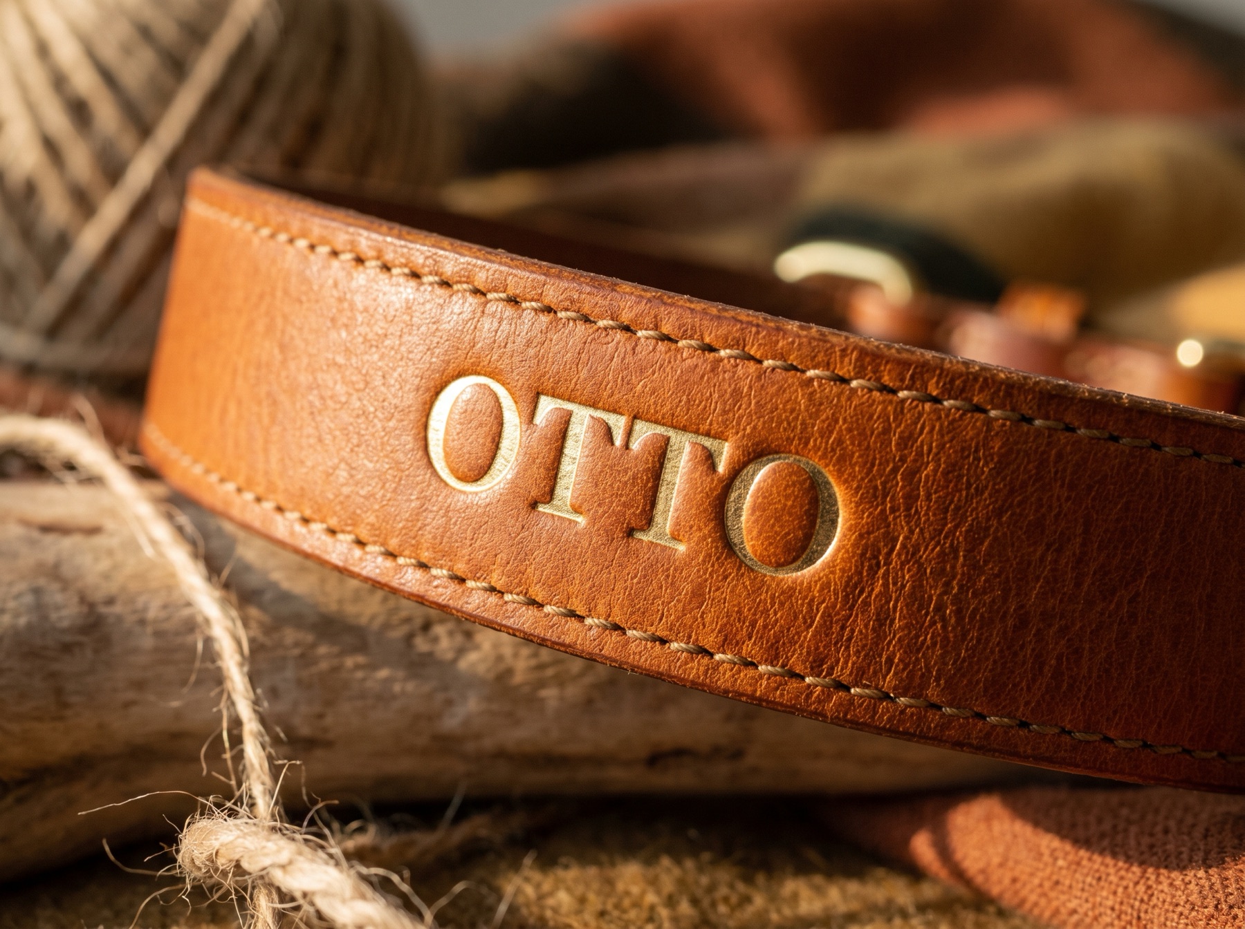 Nombre grabado en oro sobre cuero coñac