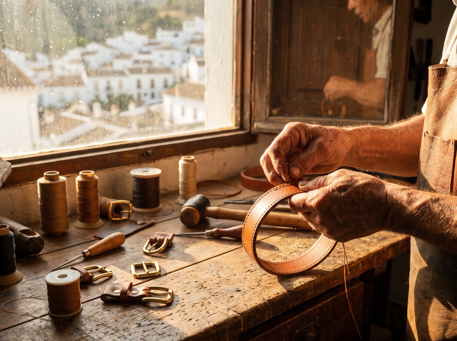Manos de artesano cosiendo un collar de cuero en Ubrique