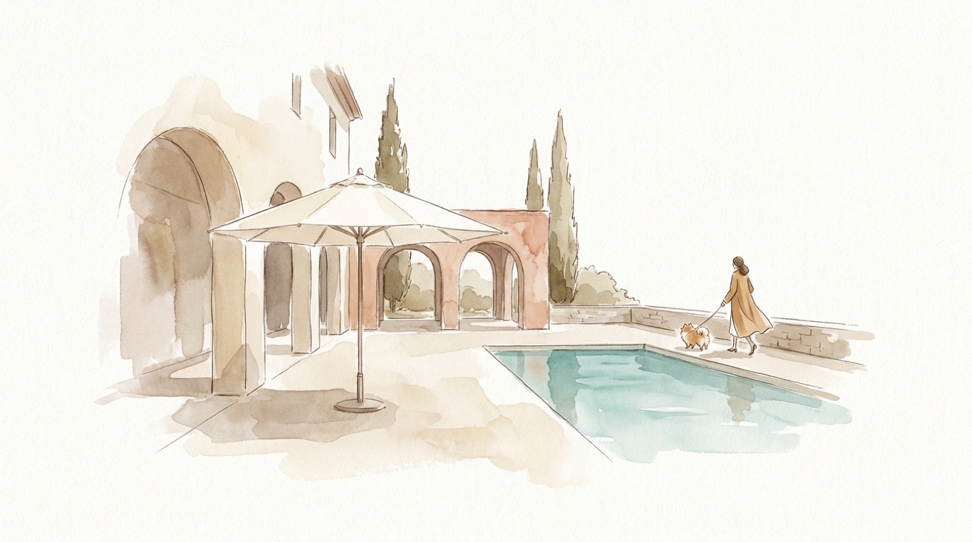 Acuarela de una terraza mediterránea con piscina y una mujer paseando a un pomerania