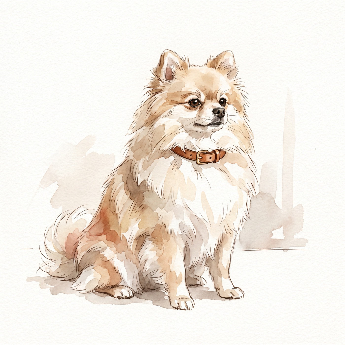 Retrato en acuarela de un pomerania